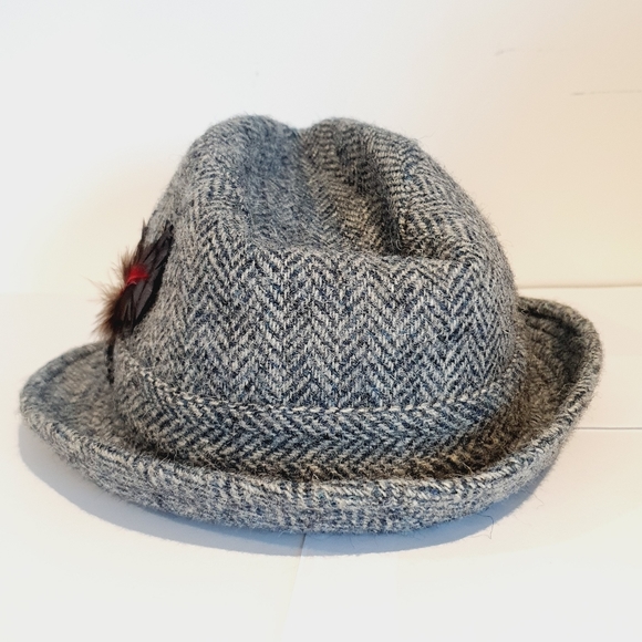 Harris Tweed Dunn & Co Hat Trilby Grey Herringbone Feather Vintage Size 7 57cm - Picture 4 of 8